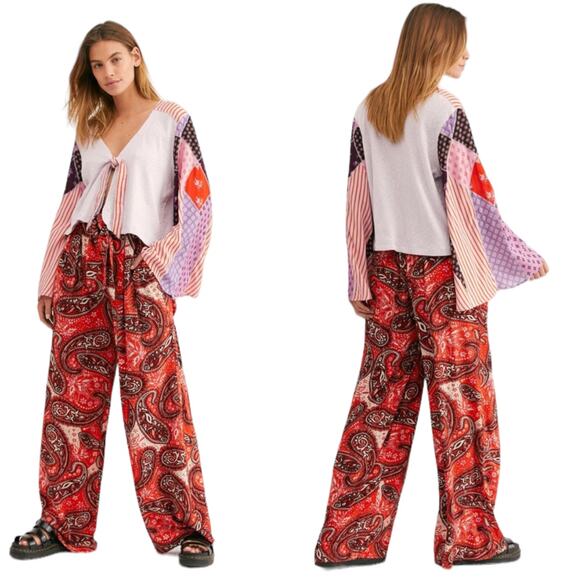Free People Printed Double Trouble Pants XS Red Wide Leg Paisley Boho Retro - Picture 8 of 9